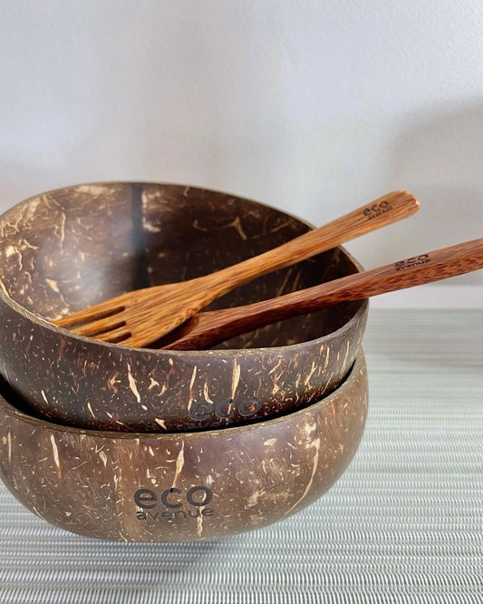 2pc Coconut Bowl set - with wooden spoon and fork